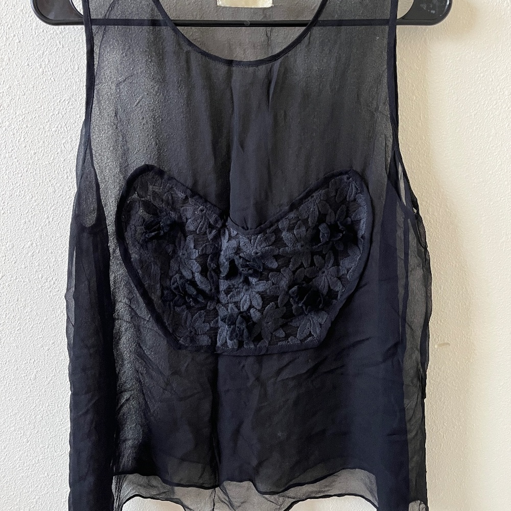 Shakuhachi Black Sheer Top, with Embroidered Flowers, Size Large